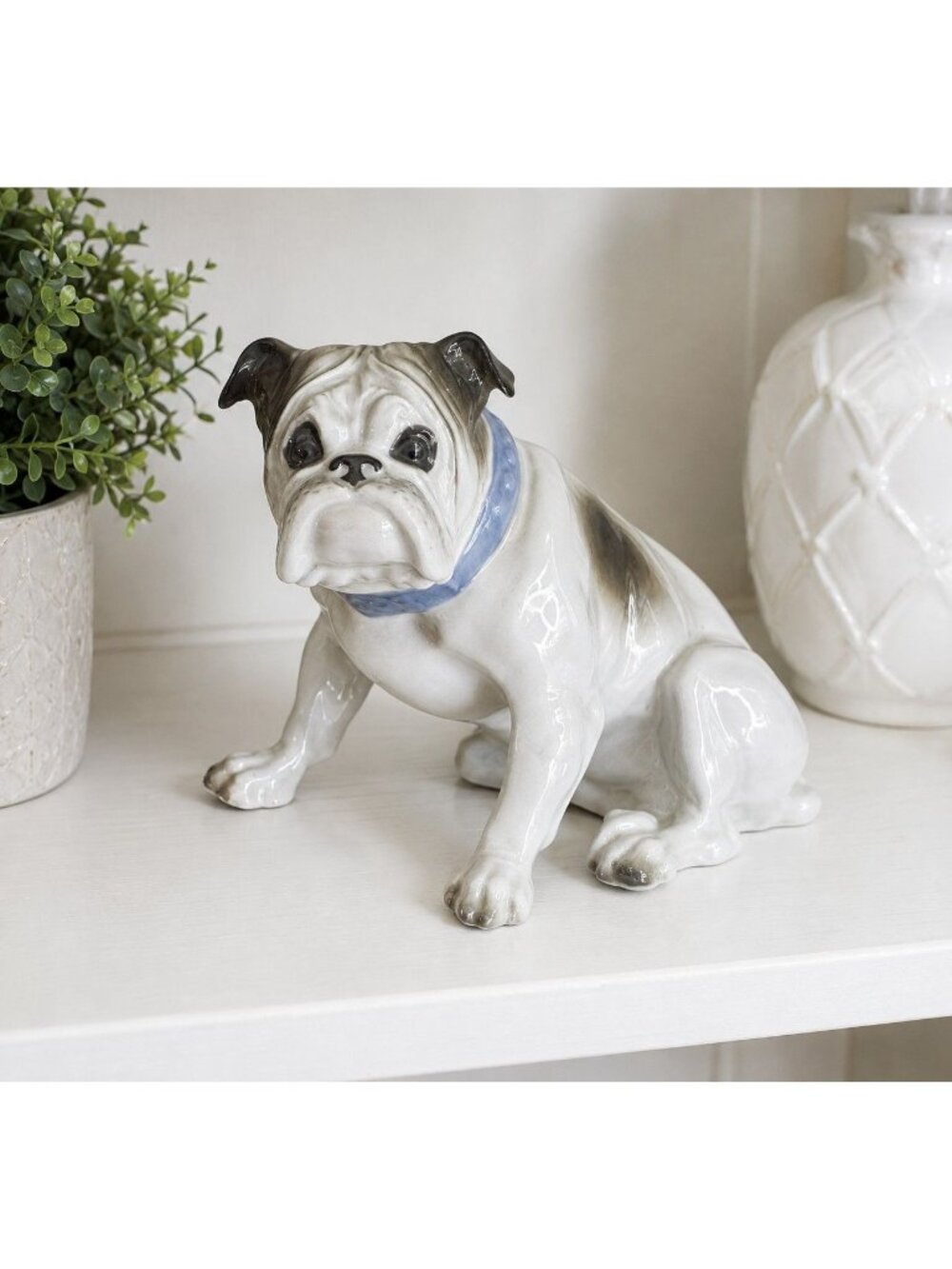 Vintage Gräfenthal Germany Porcelain English Bulldog Figurine 6" Blue Collar